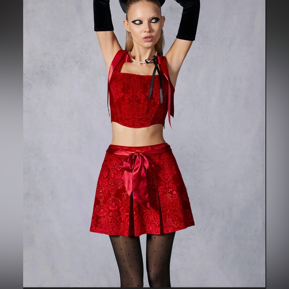 Sugar Thrillz/Dolls Kill Red December Dilemma Embossed Brocade Mini Skirt NWT S - Picture 5 of 16